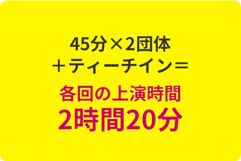 45分×2団体＋ティーチイン＝ 各回の上演時間2時間20分